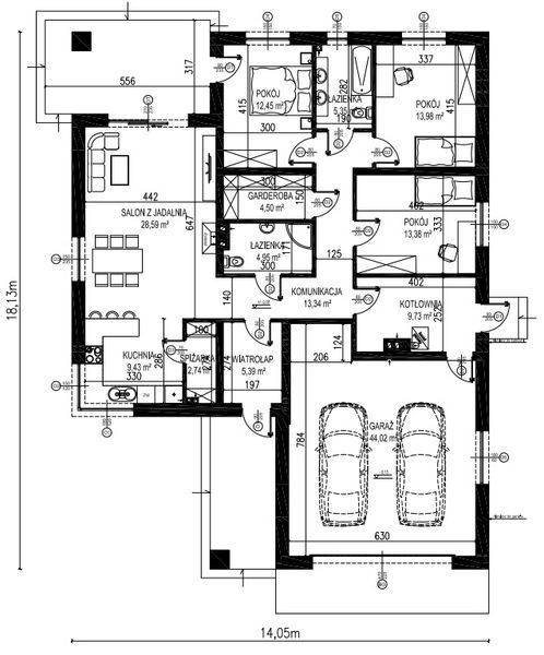 Projekt domu Planujdom 145 - rzut parteru, dom liczy 3 pokoje, 2 łazienki i wc