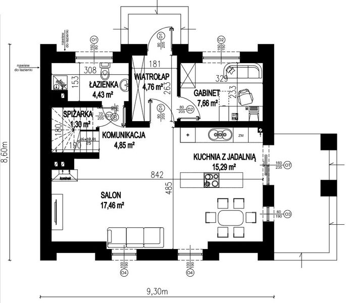 Projekt domu Planujdom 149 - rzut parteru, dom liczy 4 pokoje, 2 łazienki i wc