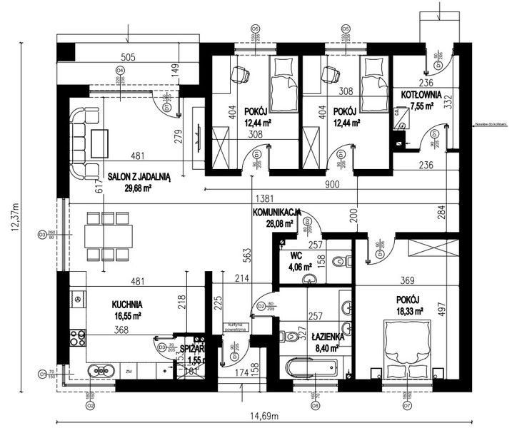 Projekt domu Planujdom 155 - rzut parteru, dom liczy 3 pokoje, 2 łazienki i wc