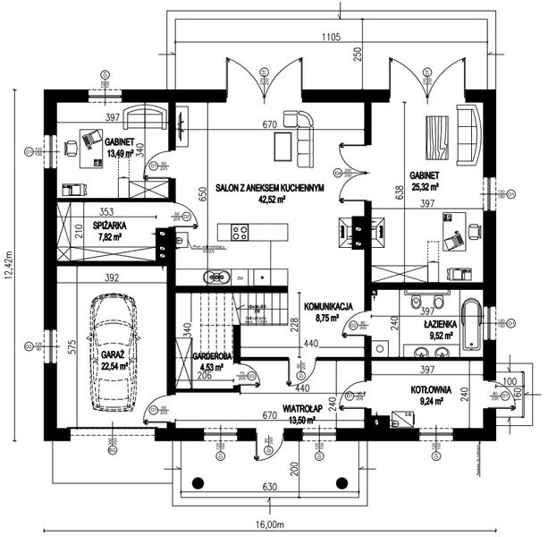 Projekt domu Planujdom 158 - rzut parteru, dom liczy 5 pokoje, 3 łazienki i wc