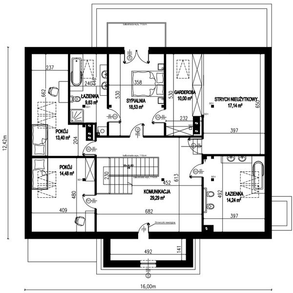 Projekt domu Planujdom 158 - rzut poddasza, dom liczy 5 pokoje, 3 łazienki i wc