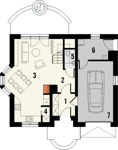 Projekt domu Krajobrazy 112 - rzut parteru, dom liczy 3 pokoje, 2 łazienki i wc
