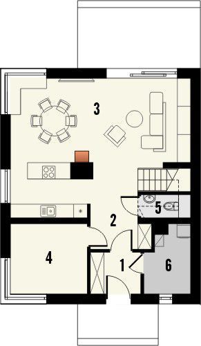 Projekt domu Studio 121 - rzut parteru, dom liczy 4 pokoje, 2 łazienki i wc
