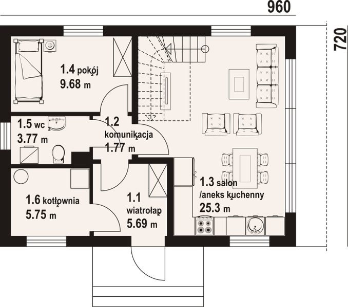Projekt domu Lisowo aa 70dws - rzut parteru, dom liczy 4 pokoje, 2 łazienki i wc