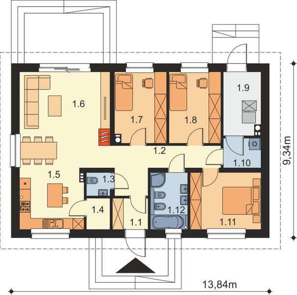 Projekt domu Tracja 2 modern - rzut parteru, dom liczy 3 pokoje, 2 łazienki i wc