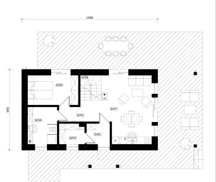 Projekt domu Mazury 3 - murowany - rzut parteru, dom liczy 4 pokoje, 2 łazienki i wc