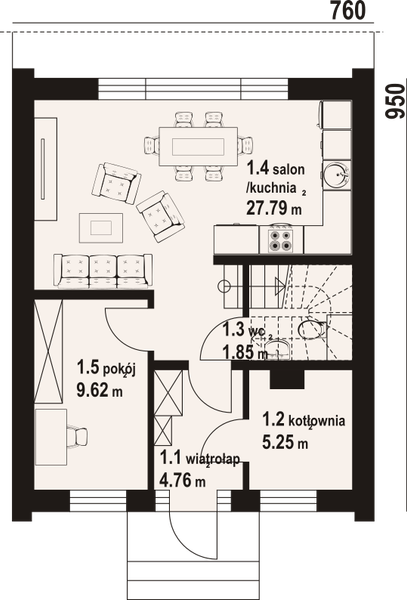 Projekt domu Gładowo aa 70 - rzut parteru, dom liczy 4 pokoje, 2 łazienki i wc