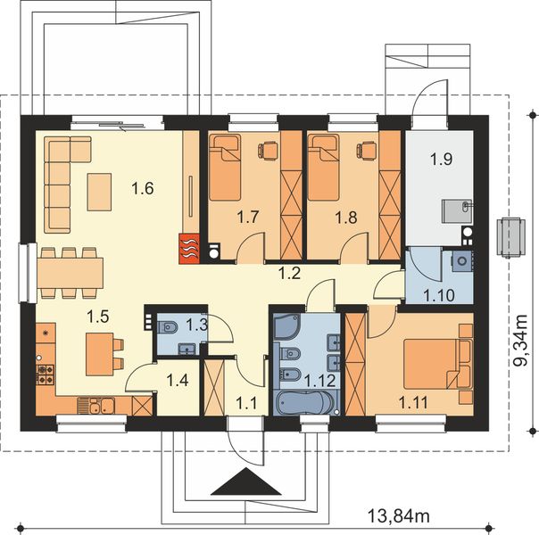 Projekt domu Tracja 2 modern OZE - rzut parteru, dom liczy 3 pokoje, 2 łazienki i wc
