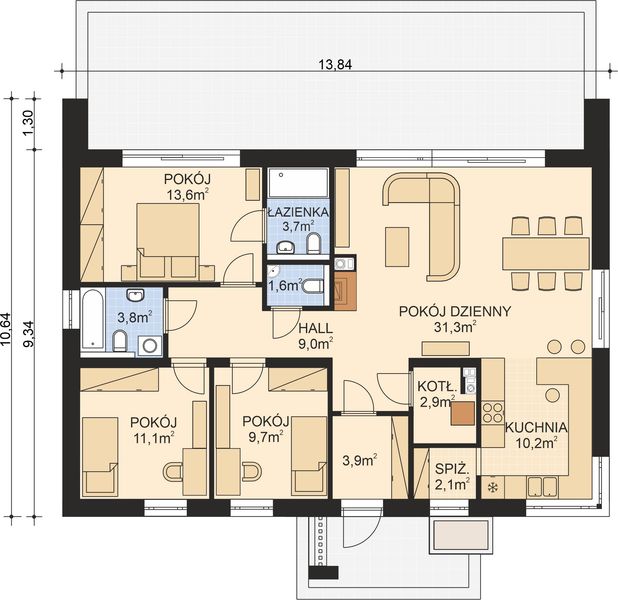Projekt domu APS 353 - rzut parteru, dom liczy 3 pokoje, 3 łazienki i wc