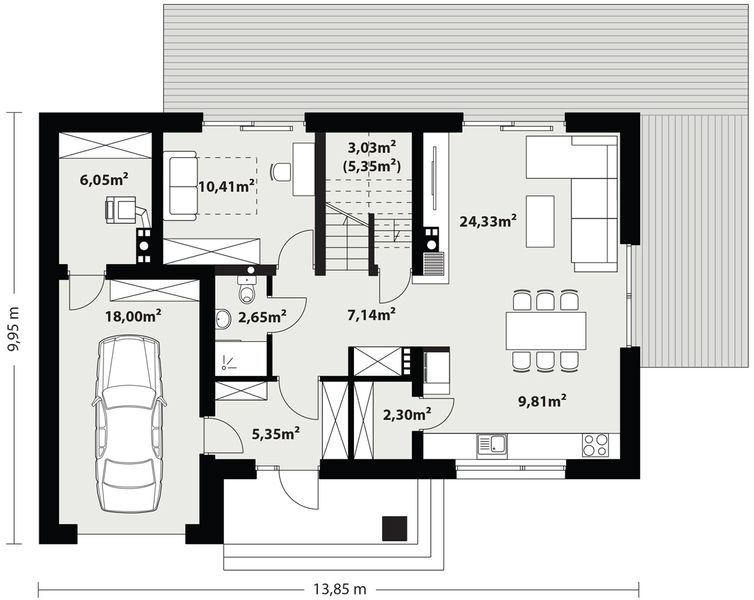 Projekt domu Fila 2 - rzut parteru, dom liczy 4 pokoje, 3 łazienki i wc