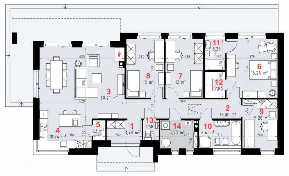 Projekt domu Domena 171 C4 - rzut parteru, dom liczy 4 pokoje, 3 łazienki i wc