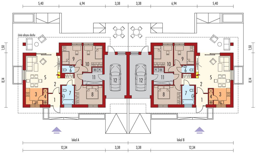Projekt domu Mini 1 G2 plus (dwulokalowy) - rzut parteru, dom liczy 6 pokoje, 4 łazienki i wc