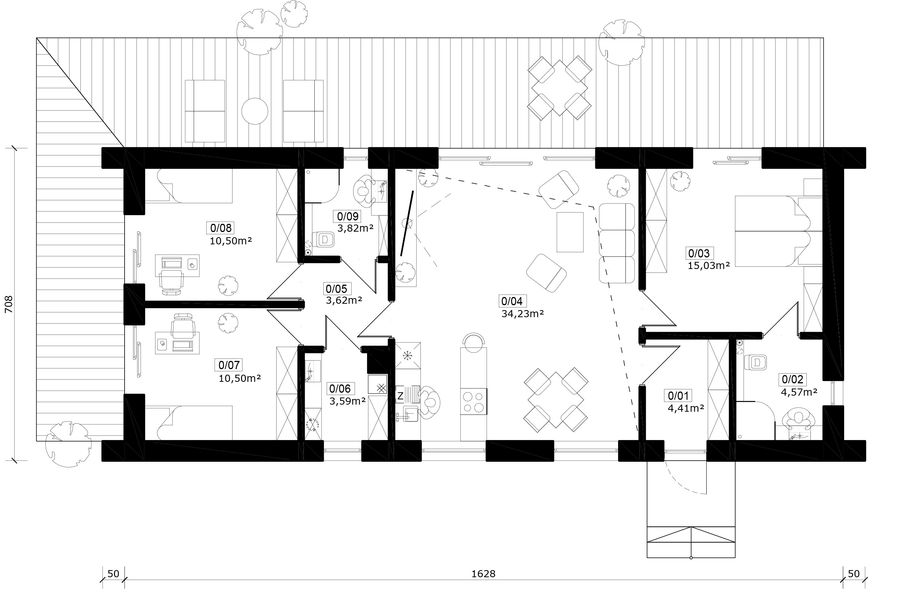 Projekt domu Jupiter 2XL - rzut parteru, dom liczy 3 pokoje, 2 łazienki i wc
