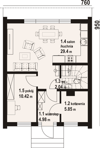 Projekt domu Gładowo aa 70 dws - rzut parteru, dom liczy 4 pokoje, 2 łazienki i wc