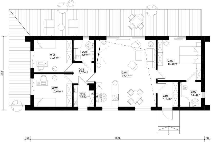 Projekt domu Jupiter 2XL - drewniany - rzut parteru, dom liczy 3 pokoje, 2 łazienki i wc