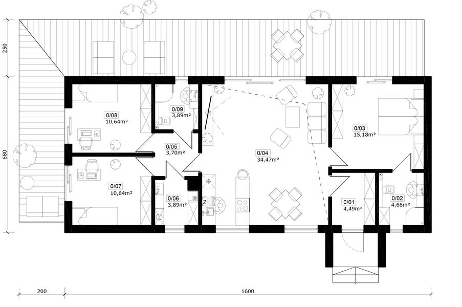 Projekt domu Amelia 2 XL - szkieletowy - rzut parteru, dom liczy 3 pokoje, 2 łazienki i wc