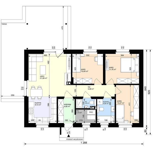 Projekt domu w Zaciszu Komfort + - rzut parteru, dom liczy 3 pokoje, 2 łazienki i wc
