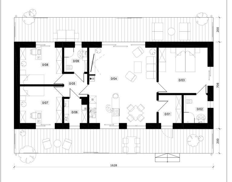 Projekt domu Jutrzenka 2XL - murowany - rzut parteru, dom liczy 3 pokoje, 2 łazienki i wc