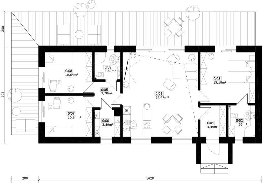 Projekt domu Amelia 2 XL - murowany - rzut parteru, dom liczy 3 pokoje, 2 łazienki i wc