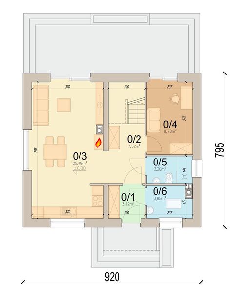 Projekt domu Dolce mini - rzut parteru, dom liczy 4 pokoje, 2 łazienki i wc