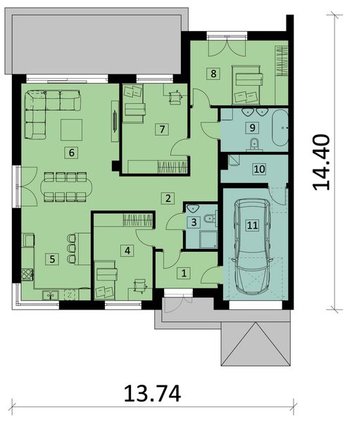 Projekt domu Ka301 S - rzut parteru, dom liczy 3 pokoje, 2 łazienki i wc