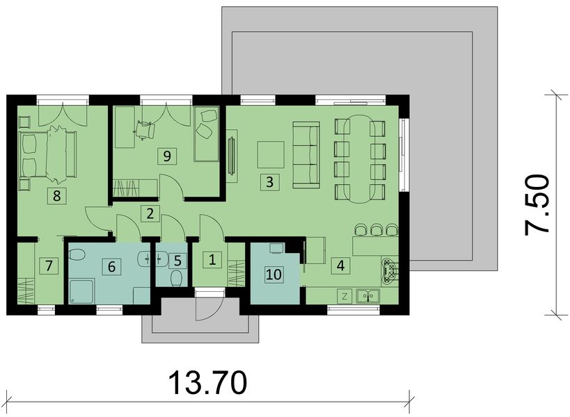 Projekt domu Ka287 Sz - rzut parteru, dom liczy 2 pokoje, 2 łazienki i wc