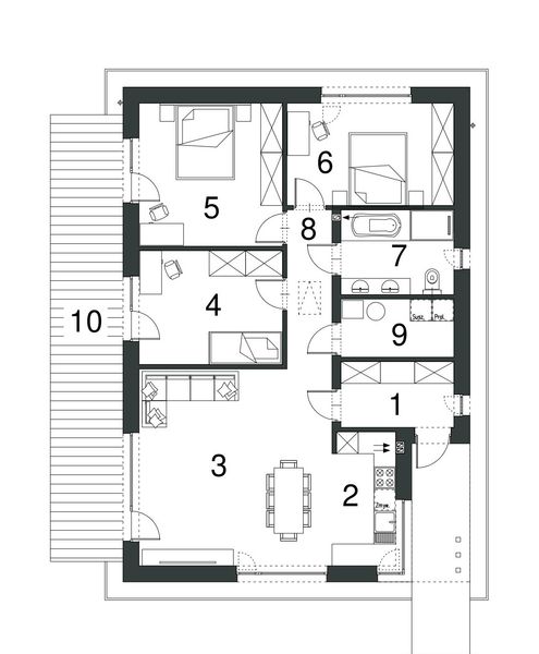 Projekt domu EG-95 wariant IV - rzut parteru, dom liczy 3 pokoje, 1 łazienki i wc