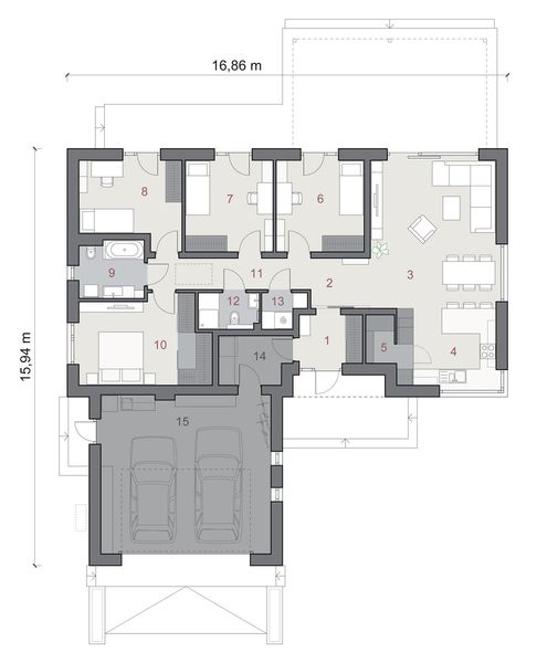 Projekt domu N55-G2 - rzut parteru, dom liczy 4 pokoje, 2 łazienki i wc