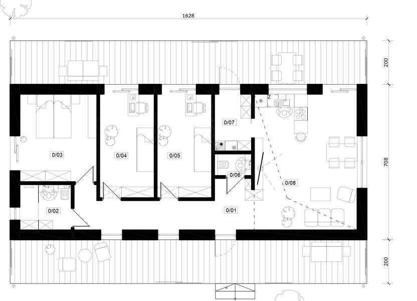 Projekt domu Jutrzenka XL - murowany - rzut parteru, dom liczy 3 pokoje, 2 łazienki i wc