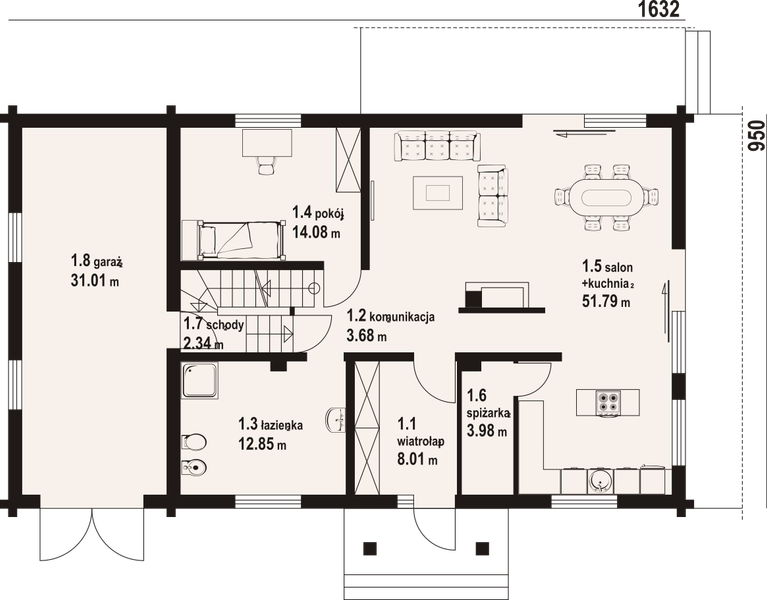 Projekt domu Chmielniki małe 49 dw - rzut parteru, dom liczy 4 pokoje, 2 łazienki i wc