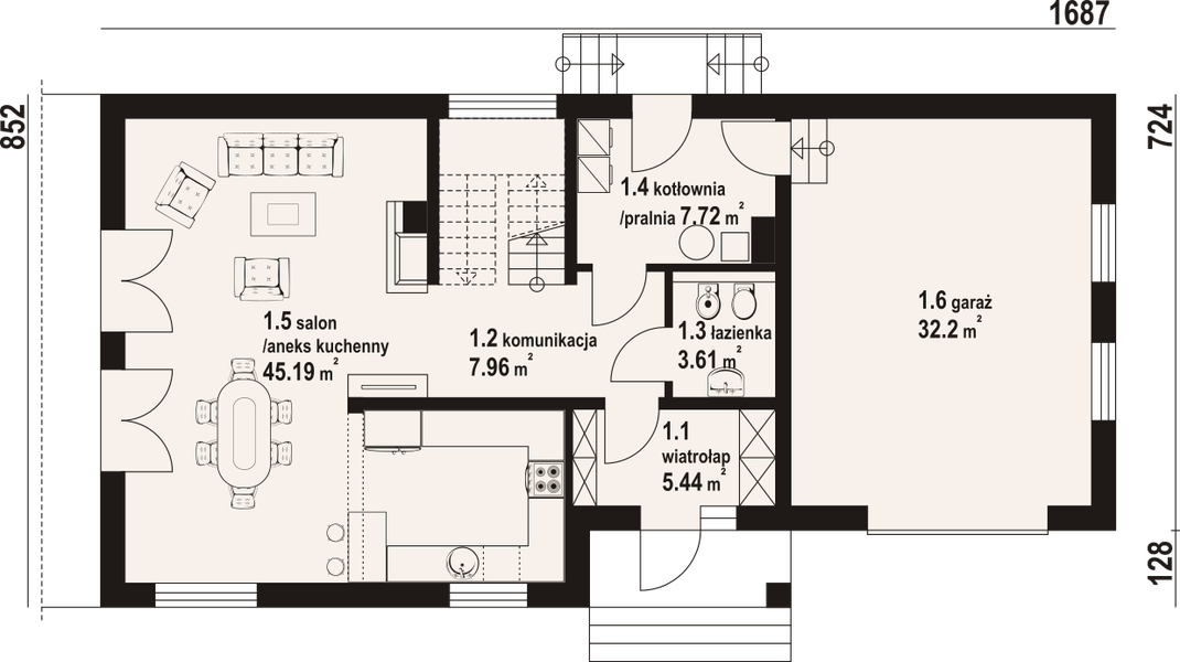 Projekt domu Osiek 41m - rzut parteru, dom liczy 3 pokoje, 3 łazienki i wc