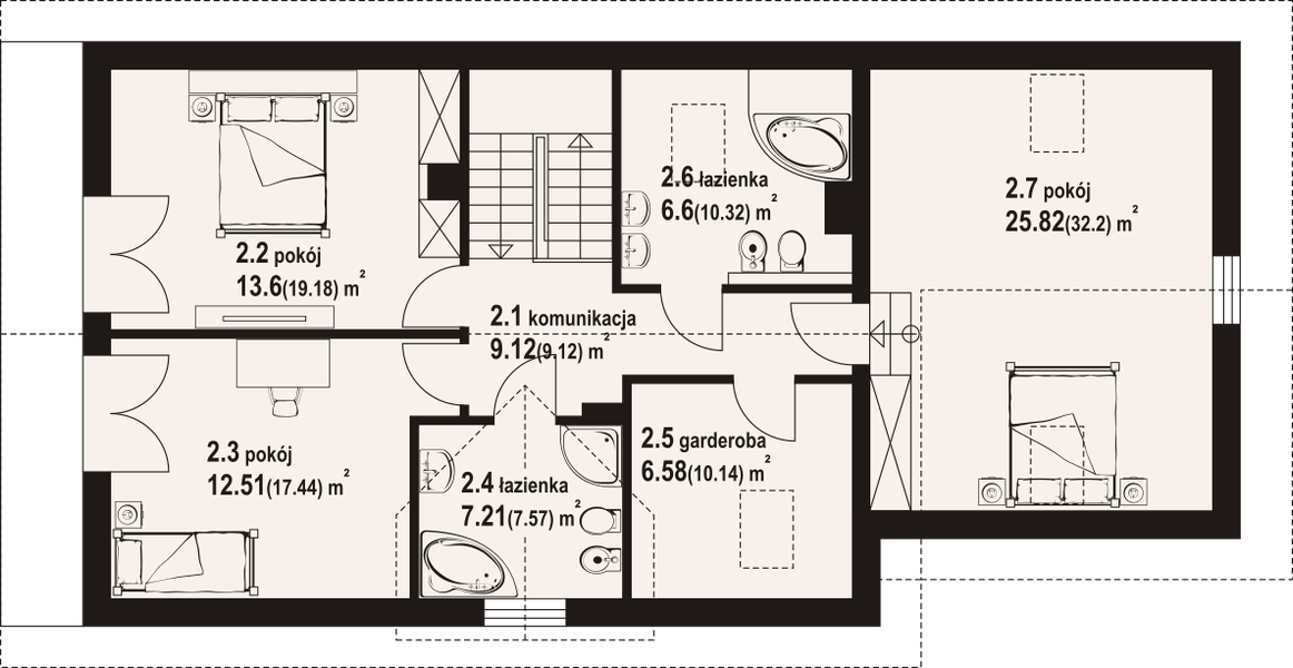 Projekt domu Osiek 41m - rzut poddasza, dom liczy 3 pokoje, 3 łazienki i wc