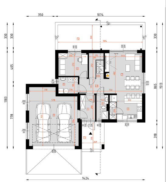Projekt domu D460 - rzut parteru, dom liczy 4 pokoje, 2 łazienki i wc