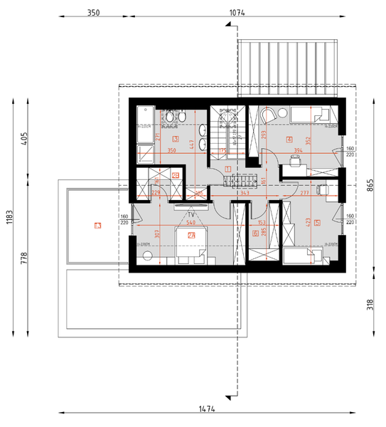 Projekt domu D460 - rzut poddasza, dom liczy 4 pokoje, 2 łazienki i wc