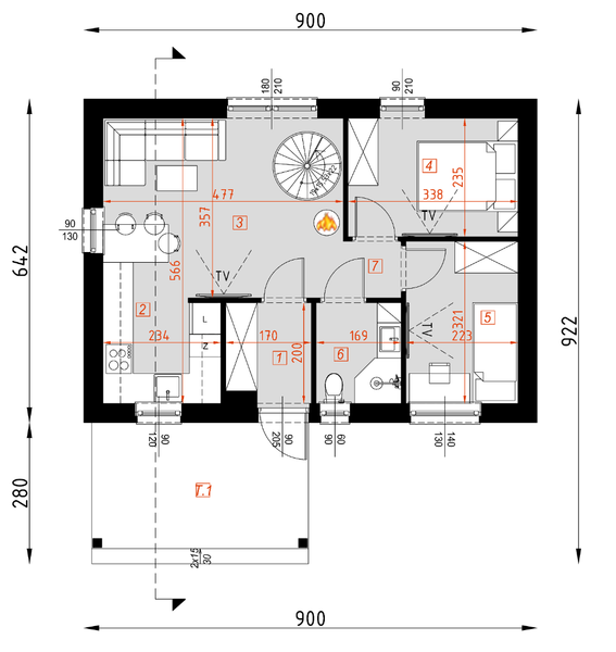 Projekt domu D439 wersja drewniana - rzut parteru, dom liczy 2 pokoje, 1 łazienki i wc