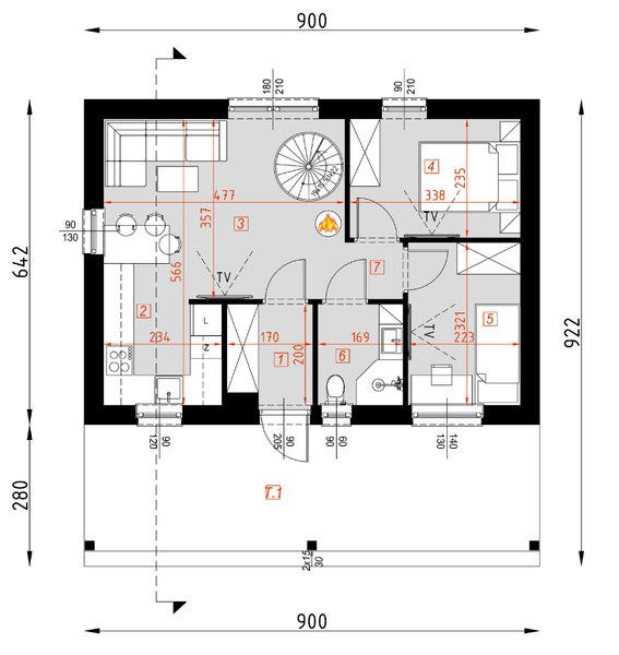 Projekt domu D439A - wersja drewniana - rzut parteru, dom liczy 5 pokoje, 2 łazienki i wc