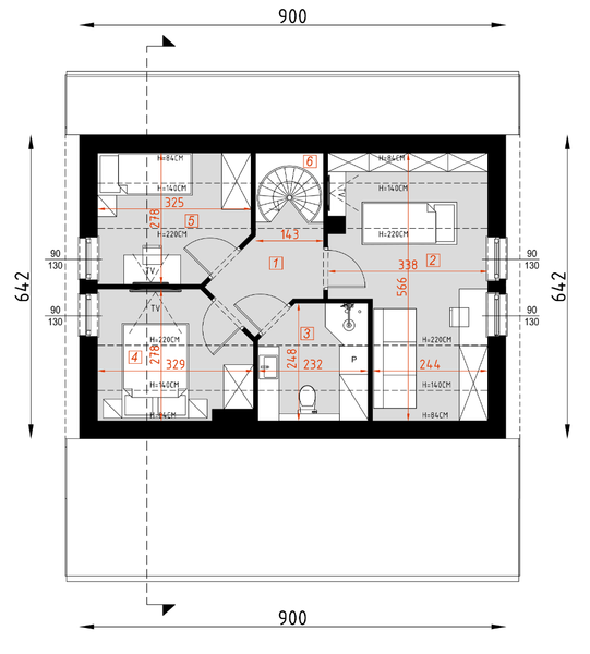 Projekt domu D439A - wersja drewniana - rzut poddasza, dom liczy 5 pokoje, 2 łazienki i wc