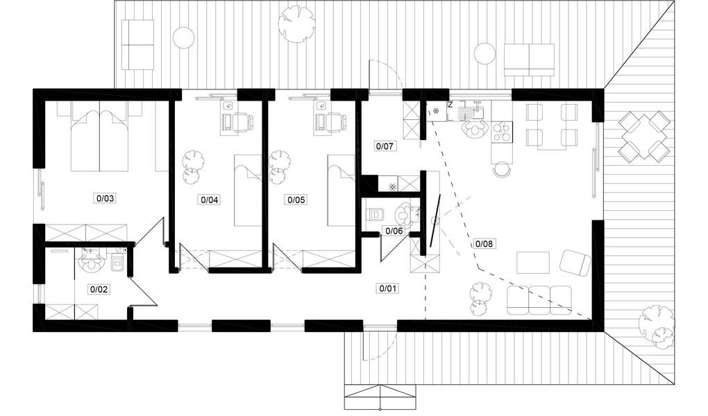 Projekt domu Kameralny XL - rzut parteru, dom liczy 3 pokoje, 2 łazienki i wc