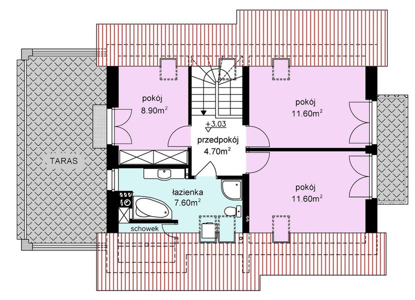 Projekt domu BW-36 wariant 18 z tarasem nad garażem - rzut poddasza, dom liczy 4 pokoje, 2 łazienki i wc