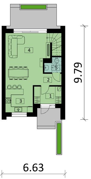 Projekt domu Ka303 S - rzut parteru, dom liczy 3 pokoje, 2 łazienki i wc