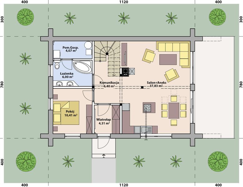 Projekt domu L-308 X z balkonem - rzut parteru, dom liczy 5 pokoje, 2 łazienki i wc