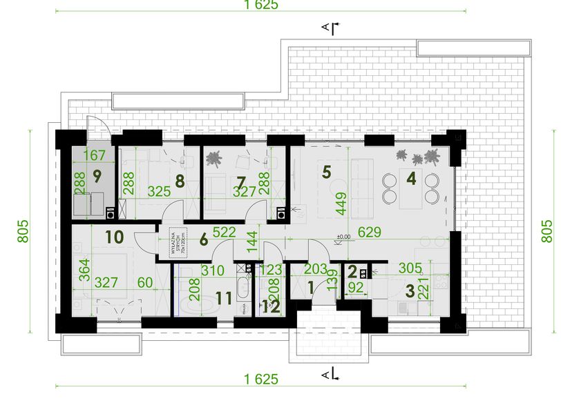 Projekt domu PióroArchitekci – 16 szkieletowy - rzut parteru, dom liczy 3 pokoje, 2 łazienki i wc