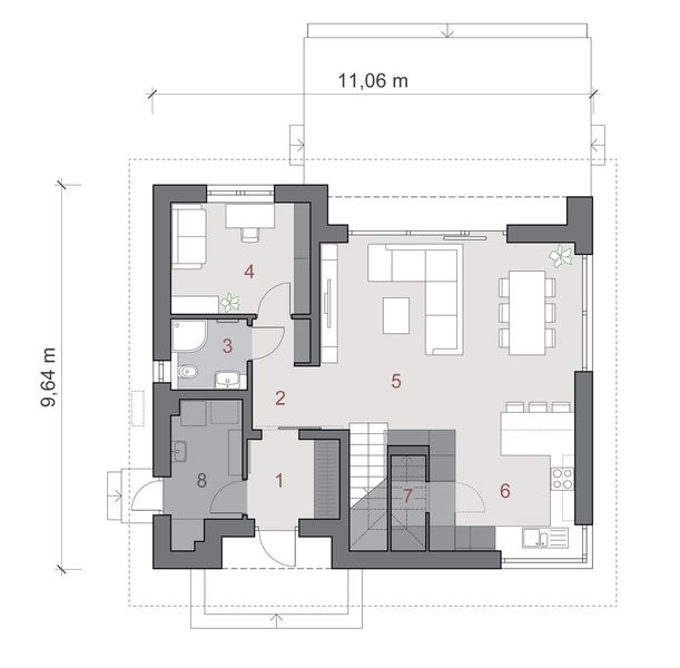 Projekt domu N50-BG - rzut parteru, dom liczy 4 pokoje, 2 łazienki i wc