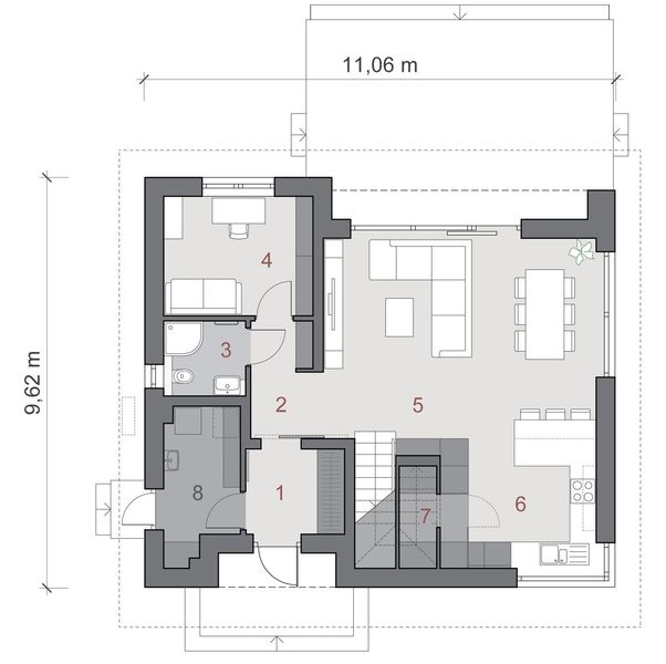 Projekt domu N50-BG - rzut parteru, dom liczy 4 pokoje, 2 łazienki i wc