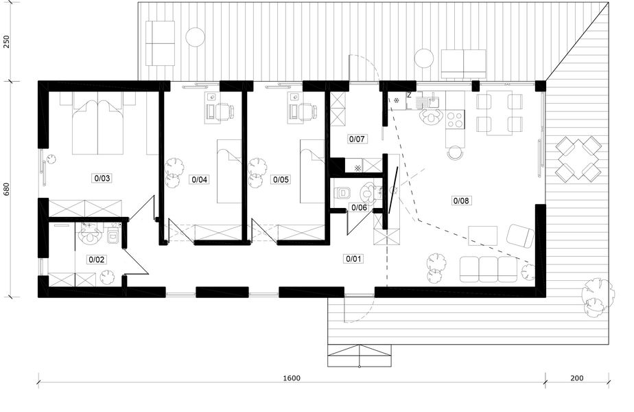Projekt domu Chata XL - rzut parteru, dom liczy 3 pokoje, 2 łazienki i wc