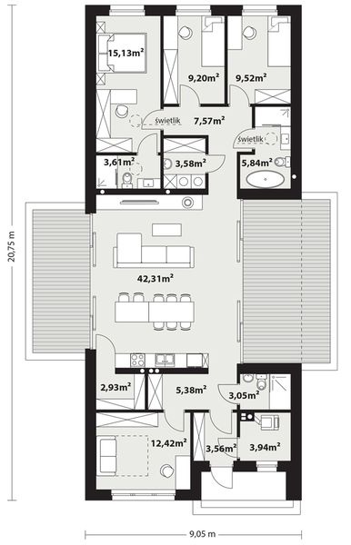 Projekt domu Mati 2 - rzut parteru, dom liczy 4 pokoje, 3 łazienki i wc