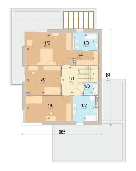 Projekt domu Perfetto 2 modern - rzut 1 piętra, dom liczy 4 pokoje, 3 łazienki i wc
