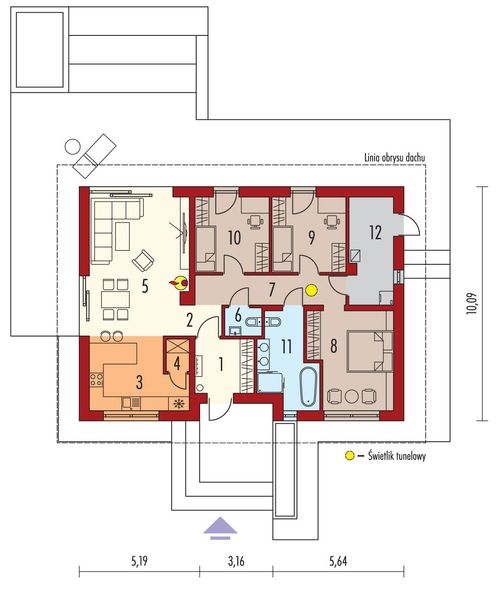 Projekt domu Mini 4 w. IV - rzut parteru, dom liczy 3 pokoje, 2 łazienki i wc