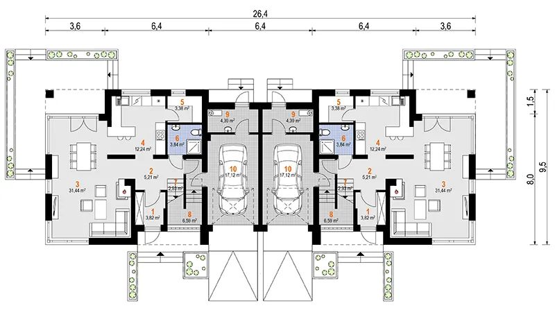 Projekt domu Bartek Duolit (wer.tech.2) (1923) - rzut parteru, dom liczy 6 pokoje, 4 łazienki i wc