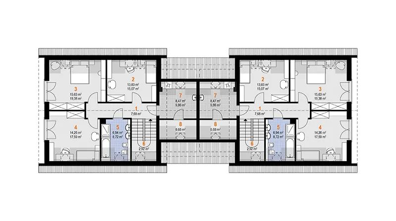 Projekt domu Bartek Duolit (wer.tech.2) (1923) - rzut poddasza, dom liczy 6 pokoje, 4 łazienki i wc